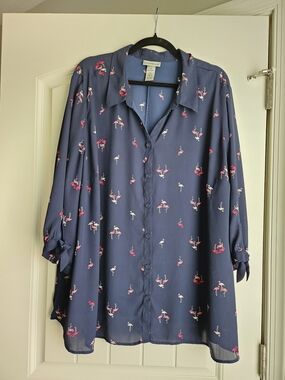 Catherines 3x Navy Button-Front Blouse with Pink Flamingo Print